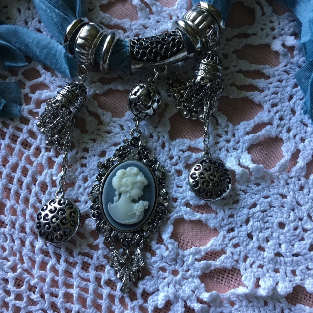Blue Scarf with Cameo